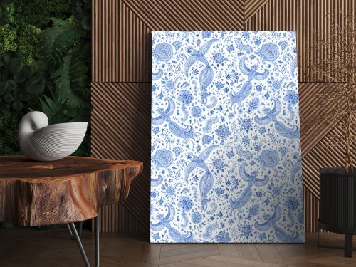Floral seamless pattern of blue watercolor painted fantasy peacock bird, paisley elements, fairy tale flower, foliage on a white background. Textile print, wallpaper, wrapping paper
