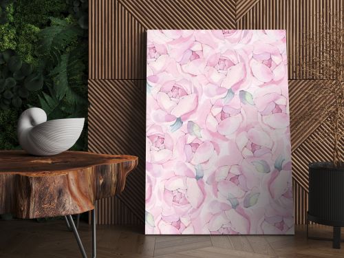 Watercolor pink realism peonies bloom with mint leaves seamless pattern. Botanical hand drawn floral illustration. Textile background. For linens, linen, wrapping paper, wallpaper, card, invitation.