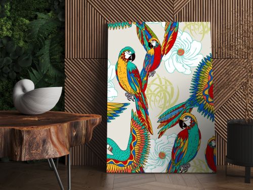 Vintage, colorful background with parrots, theme exotic beac