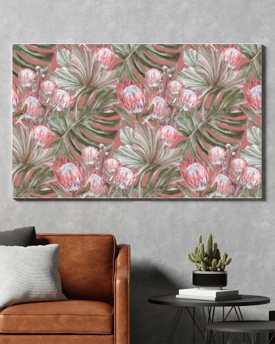 Boho Seamless watercolor pattern with herbarium and dried protea flowers