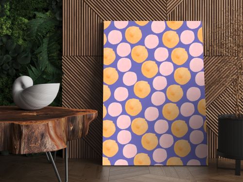 Watercolor abstract seamless pattern on a purple Very Peri background. Trendy print with textured shapes, blotches, hand painted stains.Designs for textiles, fabric, wrapping paper, packaging.