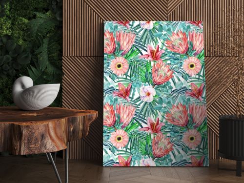 Seamless patterns. Palm leaves, tropical flowers gerbera, hibiscus on white background, watercolor botanical.