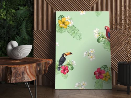 Watercolor toucan and parrot. Seamless pattern