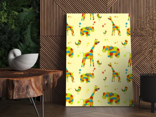 Seamless pattern with colorful animals, elephant, giraffe, birds.The illustration is drawn by hand, with curved lines. Design for clothing, fabric and other items.