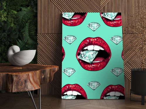 Bright lips holding a sparkling brilliant. Seamless pattern. Realistic graphic drawing. Background. Mint color