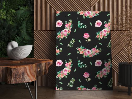 Floral seamless pattern of watercolor pink roses, greenery and eucalyptus branches, illustration on dark background