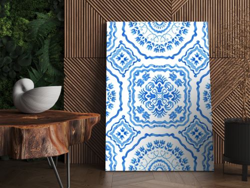 Watercolor painted indigo blue damask seamless pattern on a white background.Spanish tile with hand drawn Baroque and floral ornaments in Mediterranean majolica ceramic painting style. Batik wallpaper