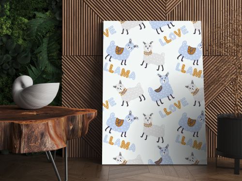 Pastel colored seamless pattern of lamas and text LLAMA LLOVE. Perfect for T-shirt, textile and prints. Hand drawn illustration for decor and design.