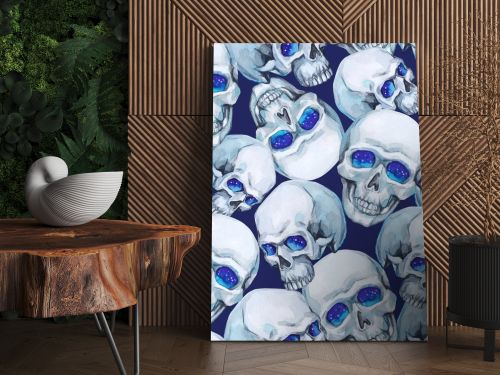 Watercolor seamless pattern skulls. 