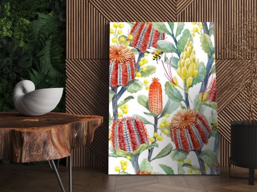 Watercolor australian banksia floral pattern