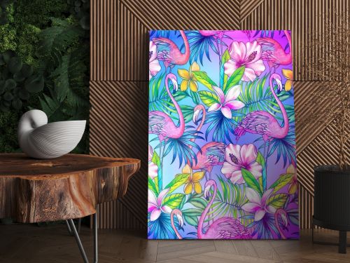 seamless pattern with tropical florals and flamingo.