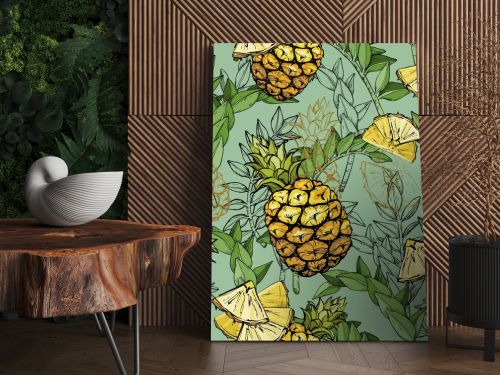 Seamless Pattern with Pineapples and Tropical Leaves