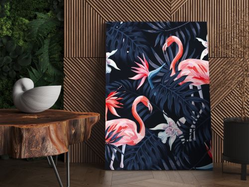 flamingo strelitzia palm leaves dark background pattern