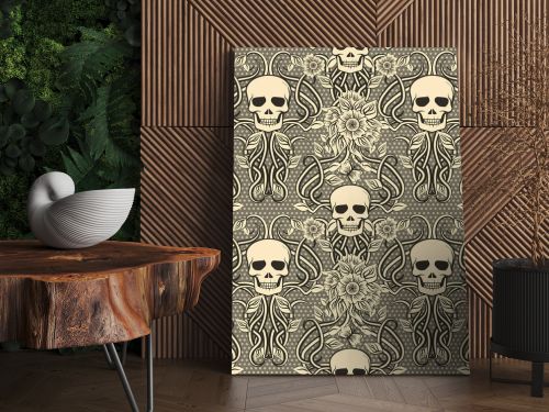 Seamless pattern with skull and flowers in art nouveau style, vector illustration