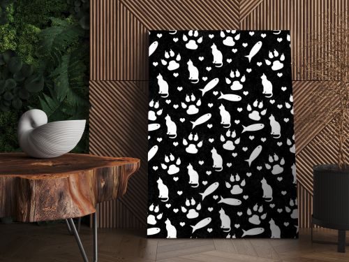 Black and white cat,  paw prints, fish, and hearts seamless and repeat pattern background with texture