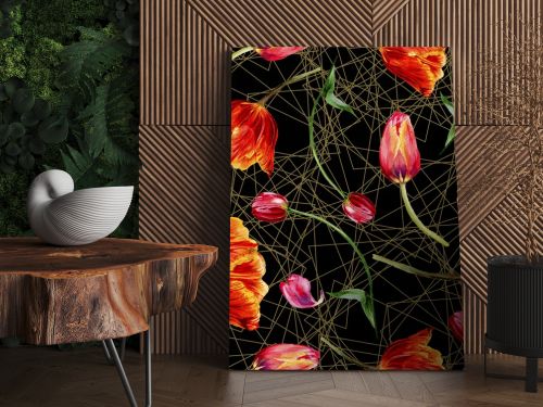 Amazing red tulip flowers with green leaves. Hand drawn botanical flowers. Watercolor background illustration. Seamless pattern. Fabric wallpaper print texture.