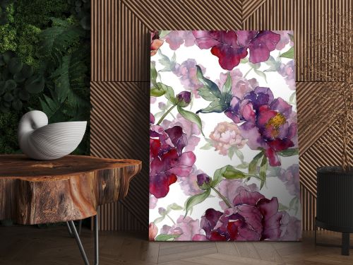 Purple peonies watercolor illustration set. Seamless background pattern. Fabric wallpaper print texture.