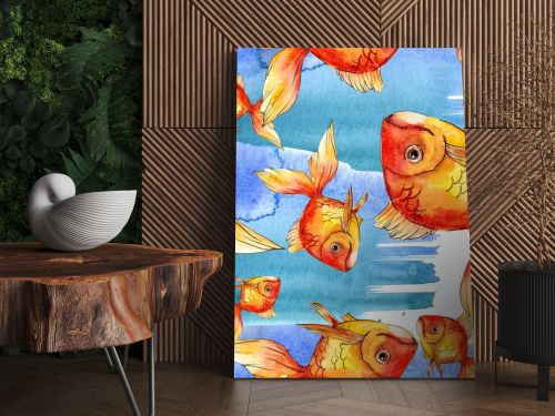 Watercolor aquatic colorful goldfishes with colorful abstract illustration. Seamless background pattern. Fabric wallpaper print texture.