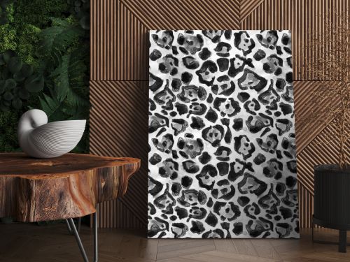 Seamless hand painting watercolor monochrome wild animal skin realistic leopard print pattern. Fashion black and white abstract endless print for textile fabric design.