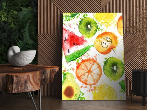 Set of Fresh fruit watercolor objects. Watercolored apple, citruses, avocado and qiwi in one art collection with splashes. Healthy lifestyle set with fruits and juice splash