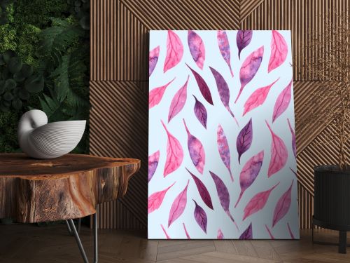 Seamless watercolor pattern with pink and fiolet leaves on a light blue background.