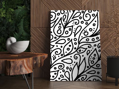 Hand-drawn black and white abstract floral seamless pattern. One color outline texture on white background consists of leaves, circles, dots, swirls and drops. Wrapping paper, scrapbooking, textile.