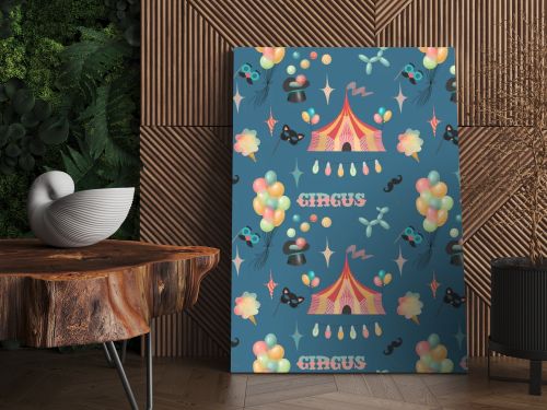 Seamless pattern of hand drawn circus elements and attributes of amusement park (circus tent, air balloons, ice cream, fun masks), illustration on dark blue background