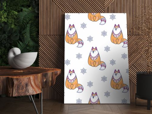 Christmas seamless pattern with cute fox. Childhood vector background in ethnic style.