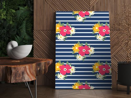Floral pattern on a blue striped background. Seamless sample with white, pink and yellow flowers. Vector illustration