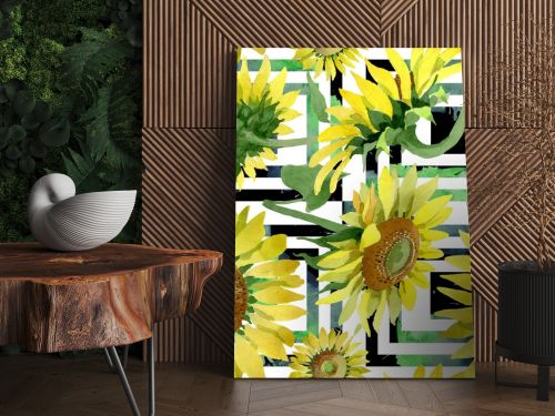 Sunflower floral botanical flowers. Watercolor background illustration set. Seamless background pattern.