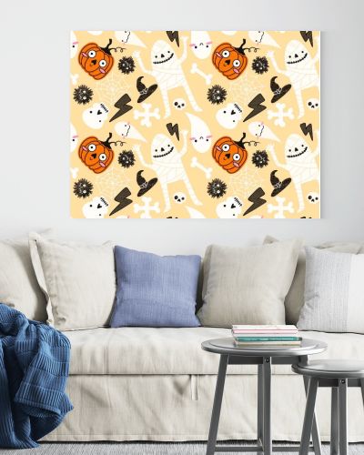 Halloween mummy and pumpkins seamless ghost and bones and skulls and monsters pattern for wrapping paper and kids clothes print and fabrics and linens and fashion textiles. High quality illustration