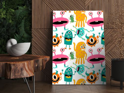 Cartoon doodle monsters seamless aliens and animals pattern for wrapping paper and fabrics and kids clothes print and linens and packaging. High quality illustration
