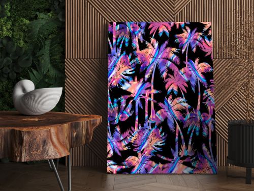 Vibrant synthwave seamless pattern with neon colorful palm trees on a dark background. Retro 80s tropical aesthetic backdrop.