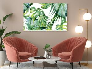 Seamless watercolor illustration of tropical leaves, dense jungle. Hand painted. Banner with tropic summertime motif may be used as background texture, wrapping paper, textile or wallpaper design.