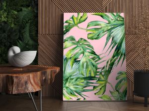 Seamless watercolor illustration of tropical leaves, dense jungle. Hand painted. Banner with tropic summertime motif may be used as background texture, wrapping paper, textile or wallpaper design.