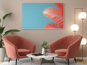 Living Coral color of the Year 2019. Background with palm in trendy color