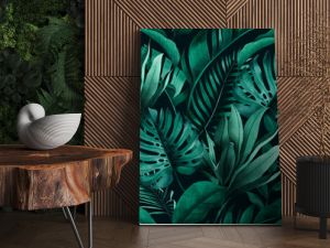 Tropical seamless pattern with exotic monstera, banana and palm leaves on dark background.