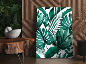 Tropical seamless pattern with exotic monstera, banana and palm leaves on white background.