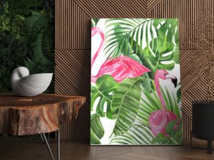 Jungle isolated seamless pattern with tropical leaves, palm monster banana, flamingo on an isolated white background. Fabric wallpaper print texture. Stock illustration.