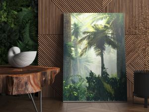 Dżungla we mgle porannej palmy w renderowaniu 3D mgły