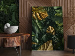 Kreatywne tło natury Złoto i zielone liście palm tropikalnych Minimalny letni abstrakcyjny wzór dżungli lub lasu Biała księga fram