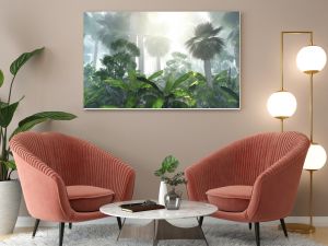 Kokosowa dżungla rano w lesie mgły w renderowaniu 3D mgły