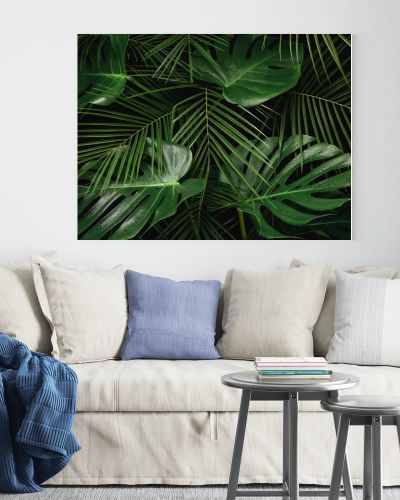 Night in tropical rainforest. Monstera and palm leaves covered with rain drops jungle pattern. Fresh green natural eco concept.