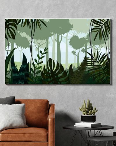 Vector tropical rainforest Jungle landscape background with leaves, fern, isolated, illustrations