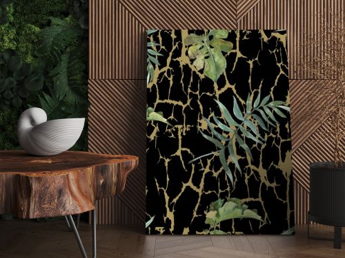 Exotic tropical hawaiian summer. Palm beach tree leaves. Watercolor illustration set. Watercolour drawing fashion aquarelle isolated. Seamless background pattern. Fabric wallpaper print texture.