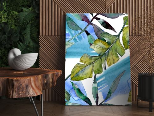 Green leaf plant botanical. Exotic tropical hawaiian summer. Watercolor illustration set. Watercolour drawing fashion aquarelle isolated. Seamless background pattern. Fabric wallpaper print texture.