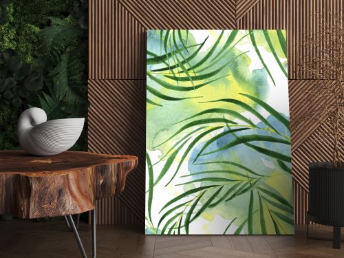 Exotic tropical hawaiian green palm leaves. Watercolor background set. Seamless background pattern.