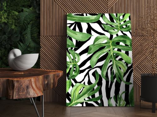 Exotic tropical hawaiian green palm leaves. Watercolor background set. Seamless background pattern.