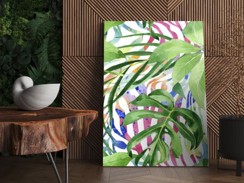 Exotic tropical hawaiian green palm leaves. Watercolor background set. Seamless background pattern.