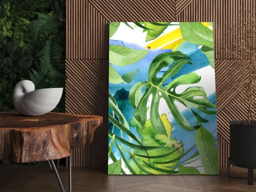 Exotic tropical hawaiian green palm leaves. Watercolor background set. Seamless background pattern.